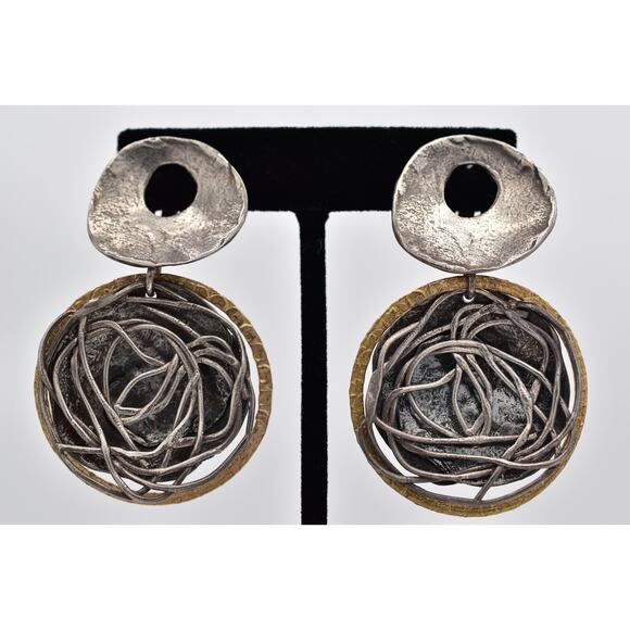 Vintage 925 Brutalist Clip On Earrings Sterling Silver Geometric Chunky BinAV - Picture 1 of 12